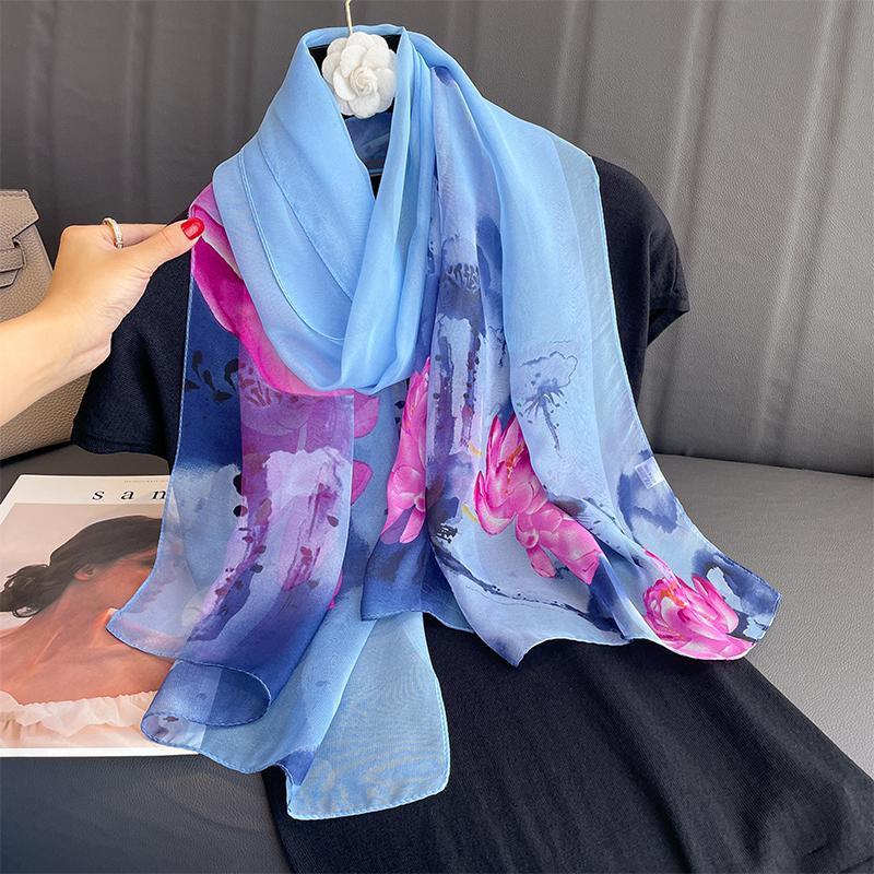 Luxury Brand Women Beach Scarf Georgette Silk Shawls Design Print Headband Female Summer Headband Wraps Sunscreen Hijab 2023