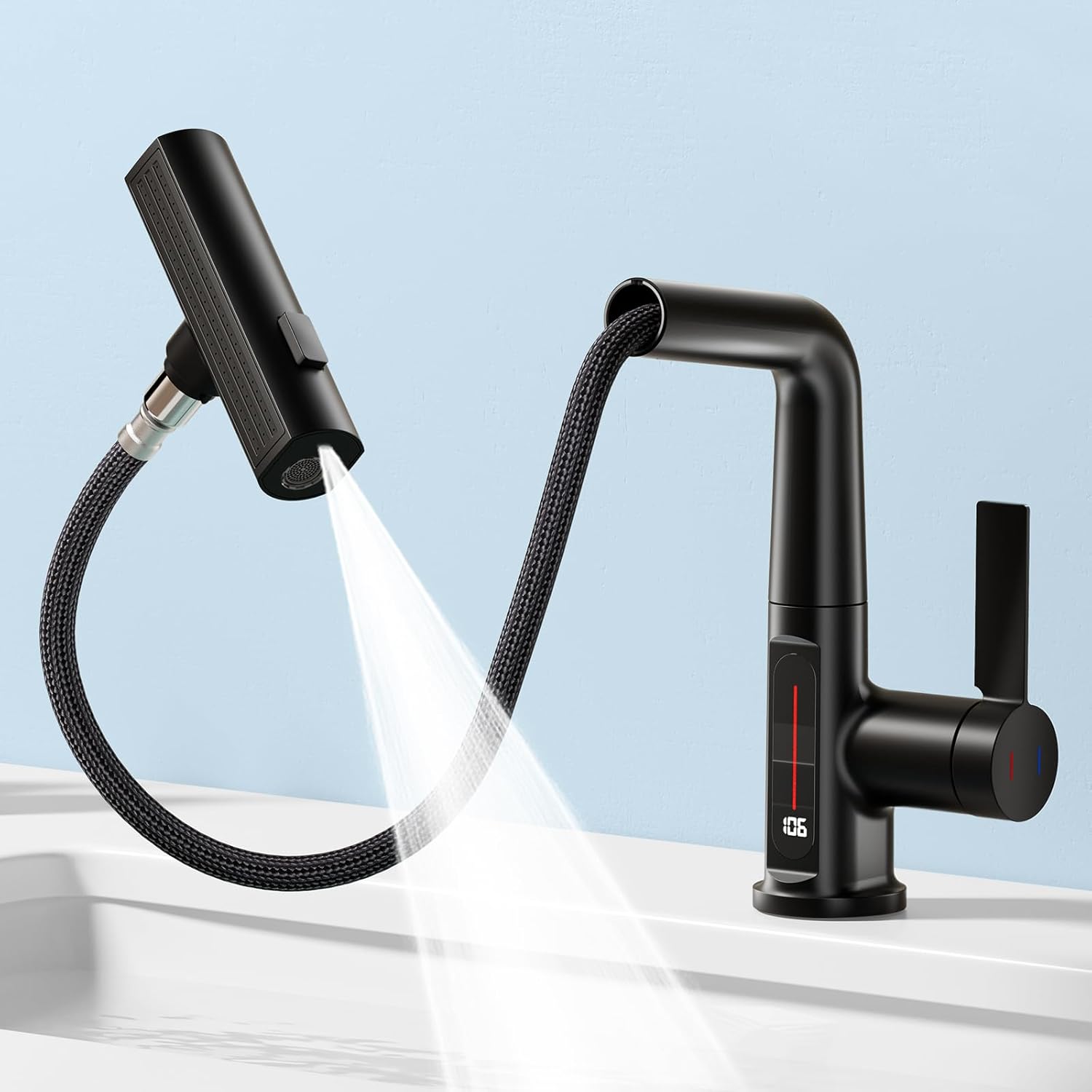 

Bathroom Sink Faucet 1 Hole with Temperature Display, Single Hole Rotatable Bathroom Faucet with Pull Out Sprayer, Modern Pull Down Faucet with 360° чёрный