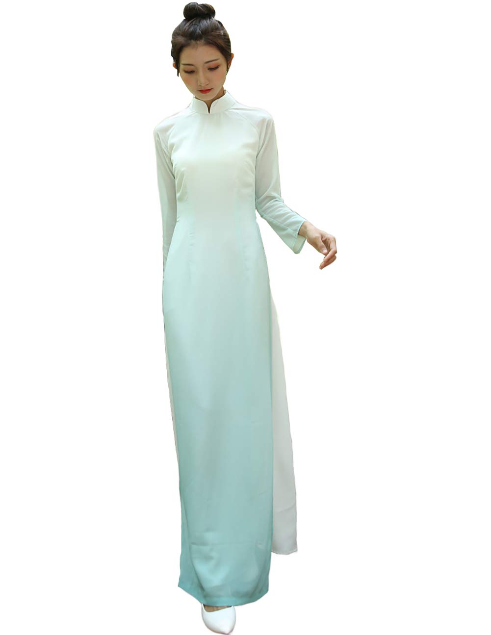 

[TRTRO] Ao Dai Dress, Ao Dai Style Long Dress, Cheongsam Dress, Chiffon Party Dress (White and Green Gradient, Size XL)