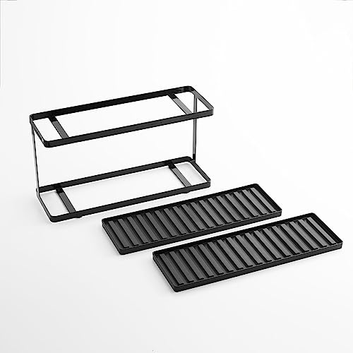 Yamazaki Jitsugyo 3715 Jug Bottle & Glass Stand with Tray, 2 Tiers, Black, Approx. W36 X D12 X H19.3cm Tower Drainer Rack Slim Glass Stand