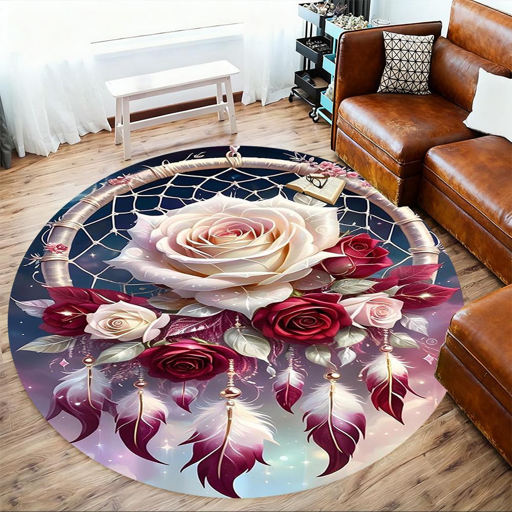 1PC Dreamcatcher Roses Feathers Round Chair mat Area Rug - Non-Slip, Floor Mat for Office, Bedroom, home decor Christmas Gift c0528019