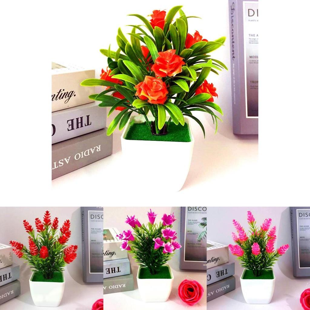 Plastic Potted Faux Flowers Collection With Lilies Roses And Cones For Home Decoration