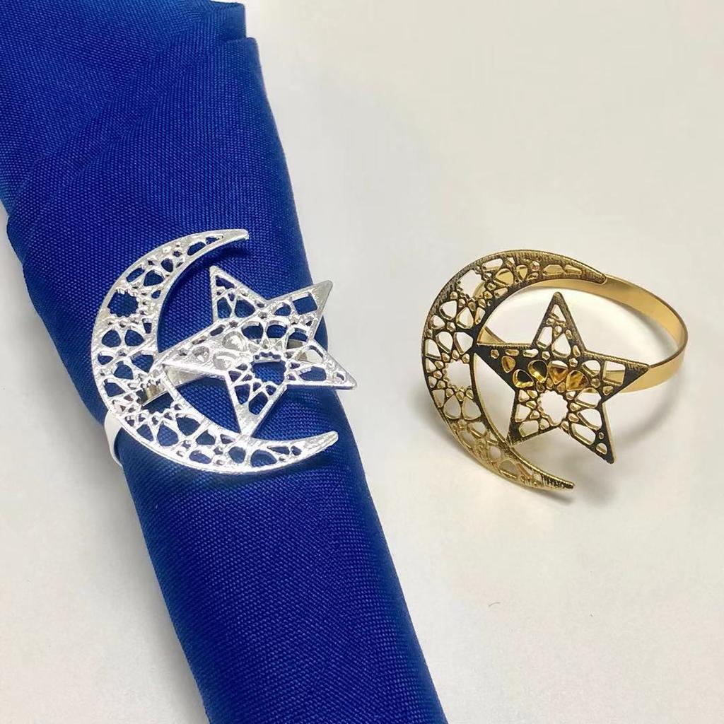 6Pcs Ramadan Decoration Silver Moon and Star Napkin Rings for Muslim Islamic Eid Mubarak Party Dinner Table Decoration