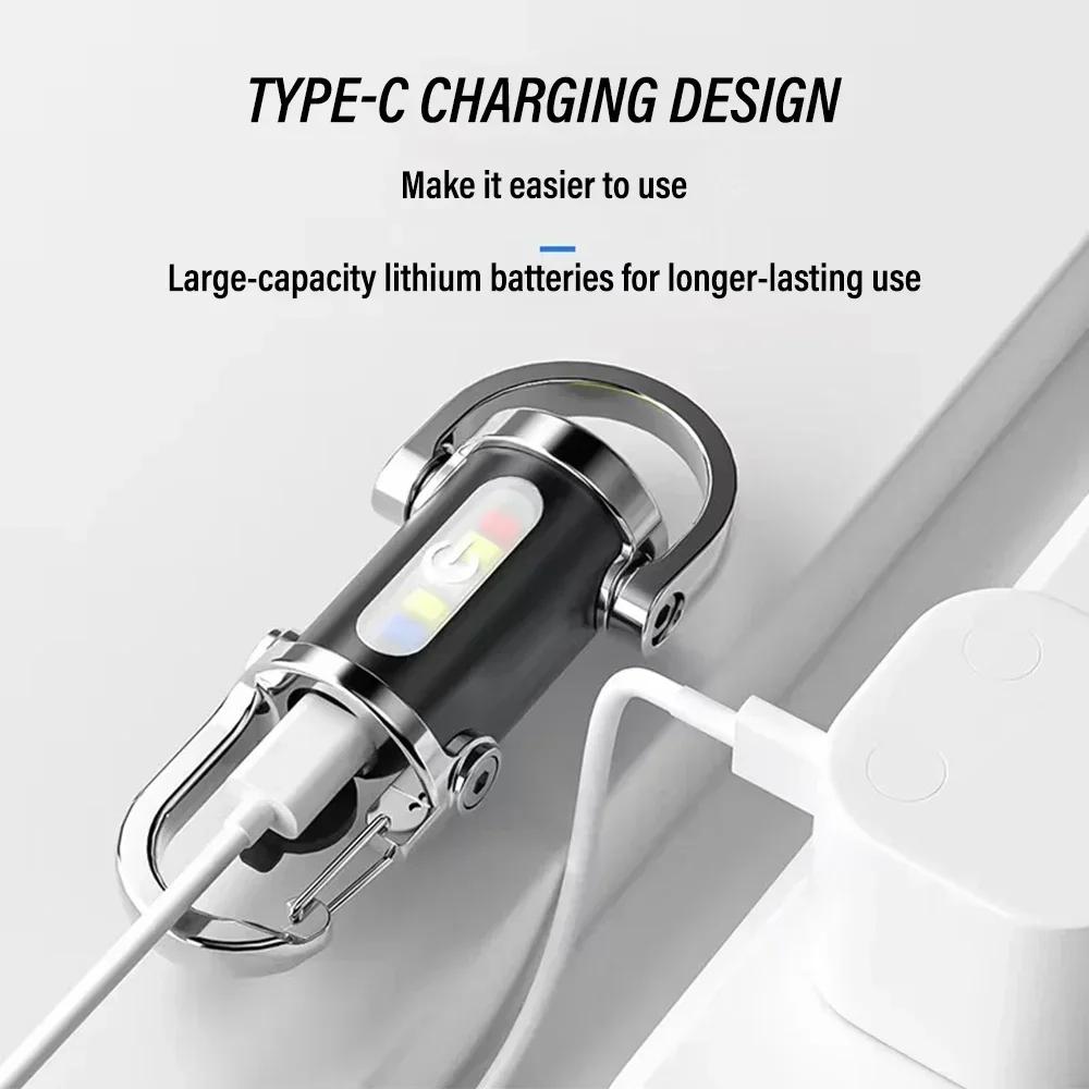 Mini Portable Keychain Flashlight Multifunction COB Work Light 6 Modes Emergency Rechargeable Light for Walking Searching Hiking