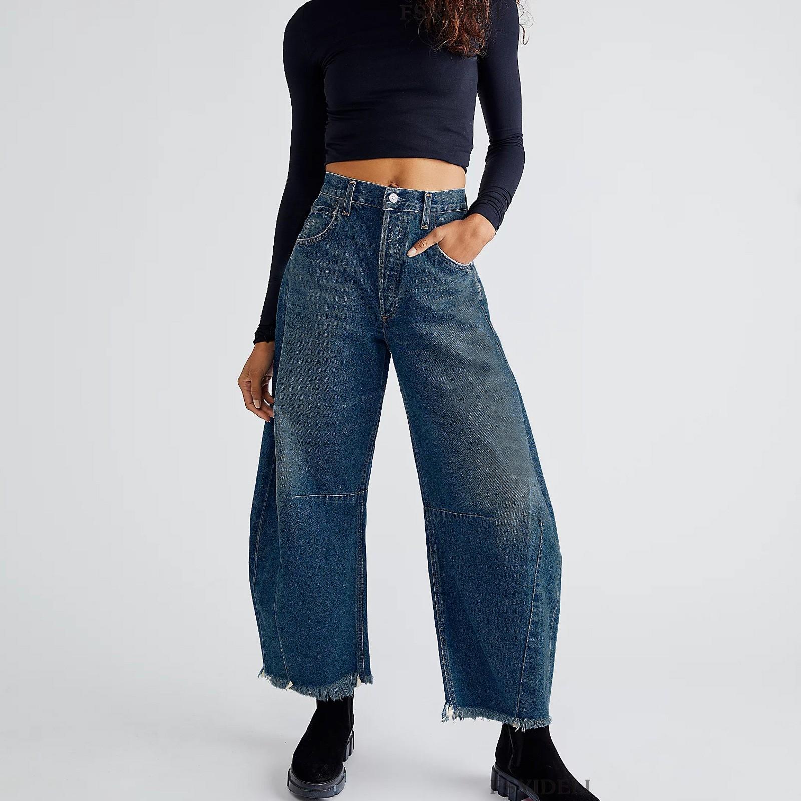 

Women s Straight Tube Loose Fitting Multi Pocket Jeans Cropped Pants Casual Wide Leg Pants For Women L синій