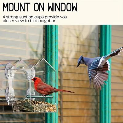 Acrylic Birdhouse Clear Glass Window Hanging Birds Squirrel Feeder Wild Animal Seed Peanut Tray with Drain Holes Strong Suction