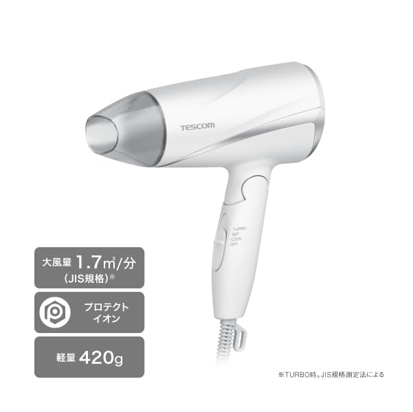 Tescom Protect Ion Hair Dryer, Foldable, High Airflow, Lightweight, Cold and Warm Air, White, TD360A-W