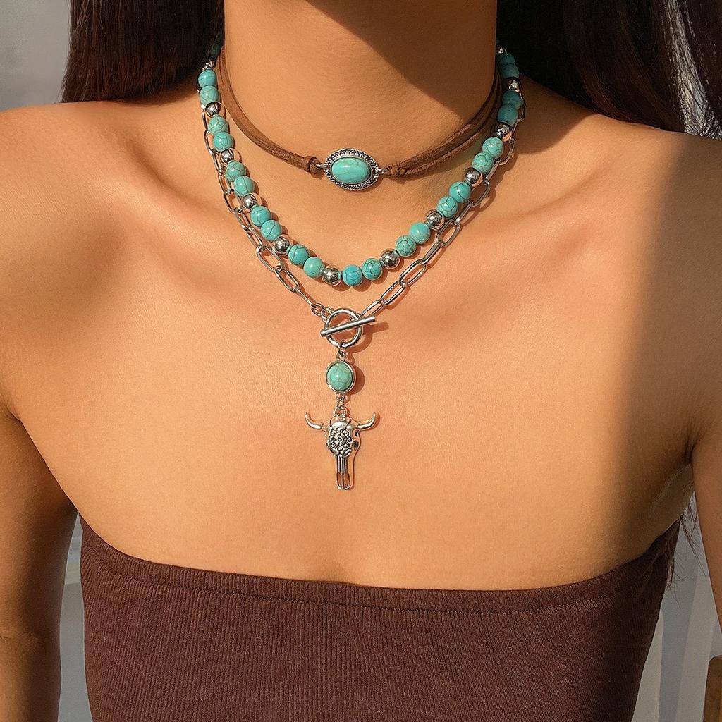 Jewelry Retro Imitation Turquoise Cow Head Collarbone Chain Beaded Necklace Set Ethnic Style Cactus Necklace Decoration