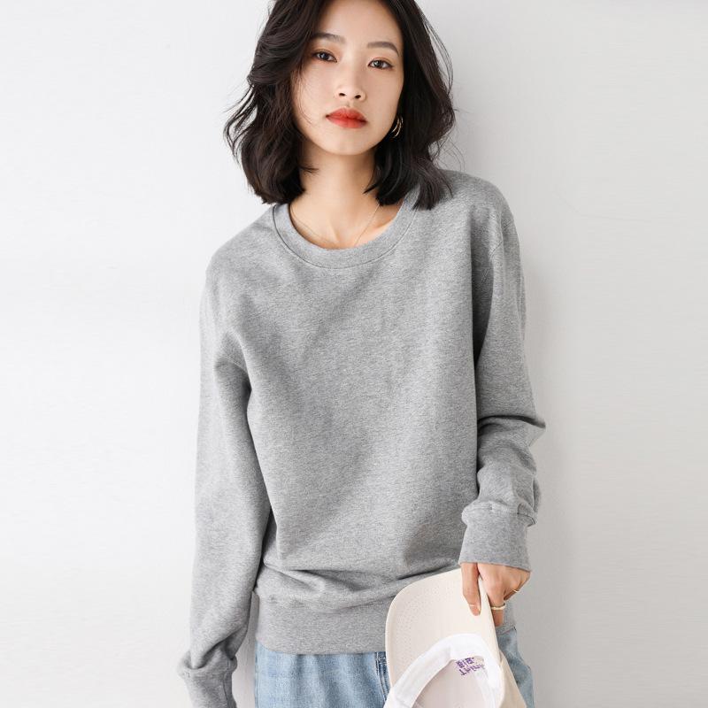 Damen Sweatshirt Frühling Herbst Mehrfarbig Mode Koreanisch Rundhals Baumwolle Locker Damen Sweatshirts Vintage Einfarbig Pullover