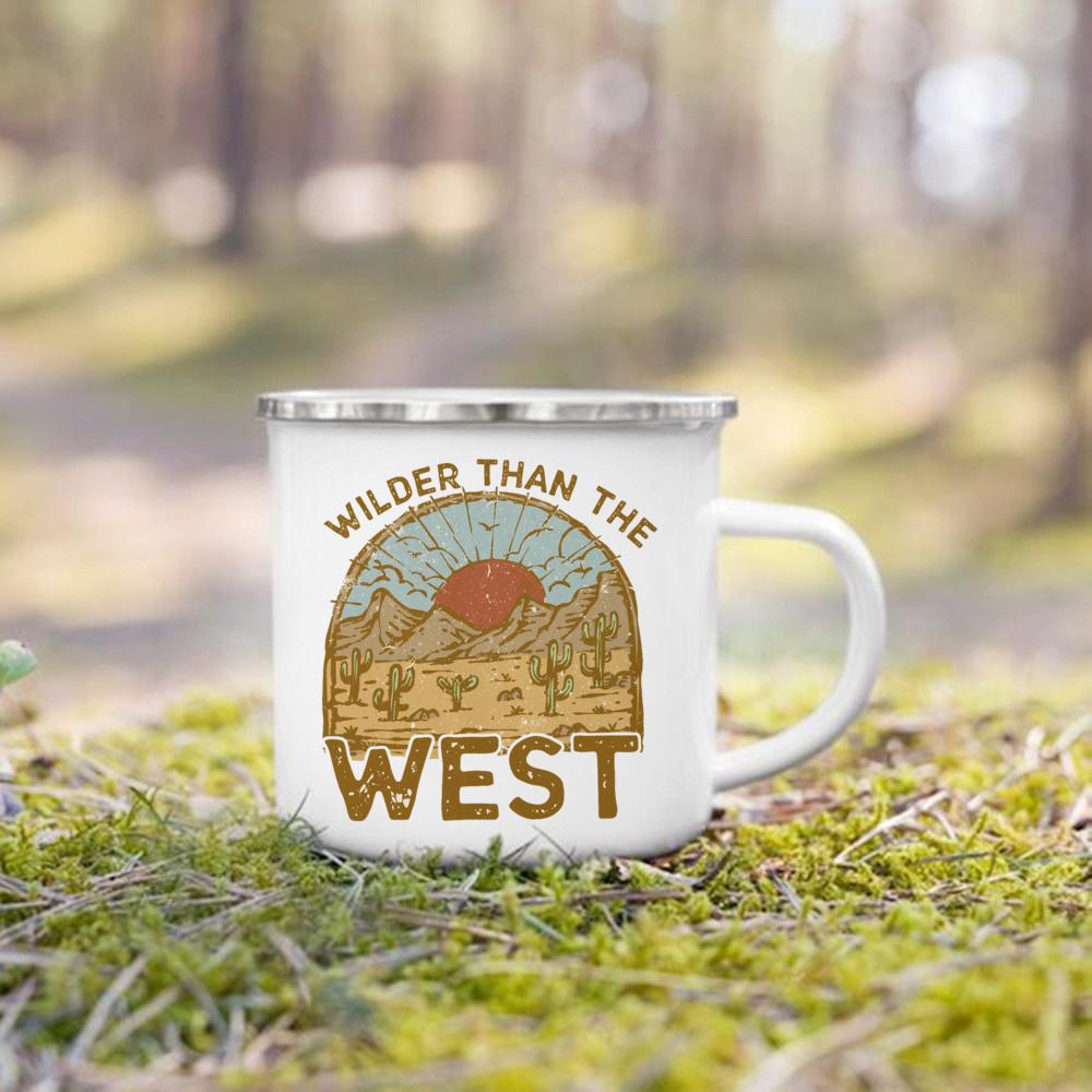West Cowboy Printed Camper Mugs Camping Enamel Mug Adventure Campfire Party Beer Juice Cup Gifts for Camper Best Gift for He Her