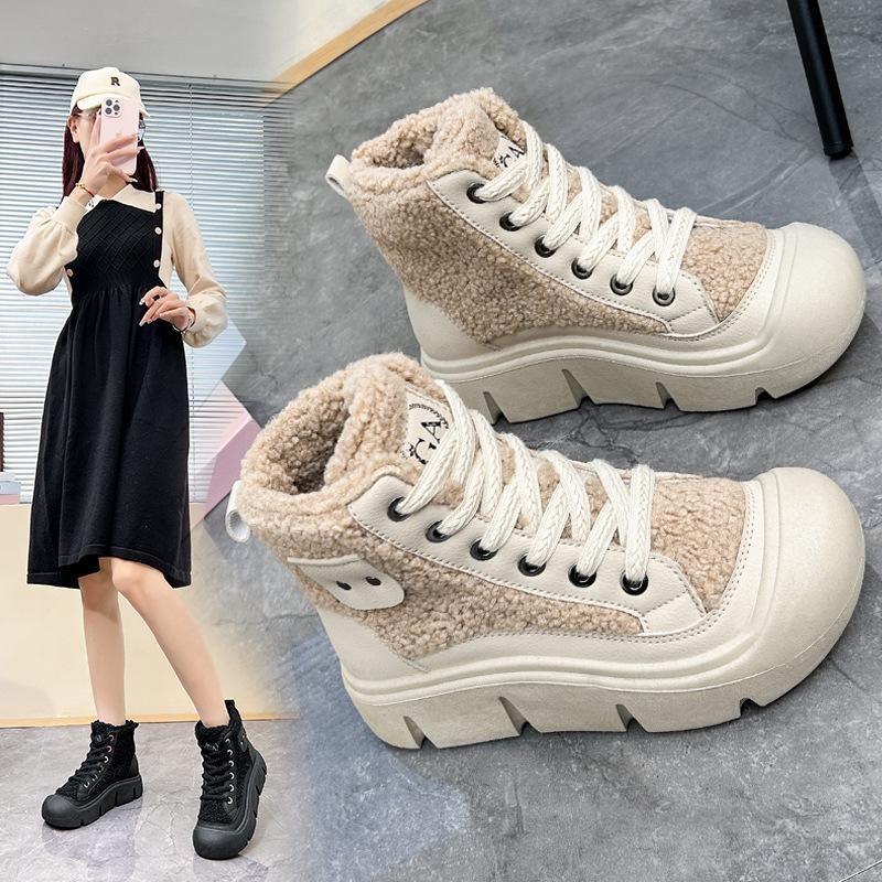 Winter Warm Snow Boots for Women Lace-Up Anti-Slip Faux Fur Lined Ankle Booties Chunky Platform Plush Lined High Top Shoes Women's Fleece Short Boots