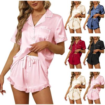 Summer Pajama Set Made of Silky Satin Fabric, Classic V-neck and Short Sleeve Design, Smooth and Elegant To Wear.