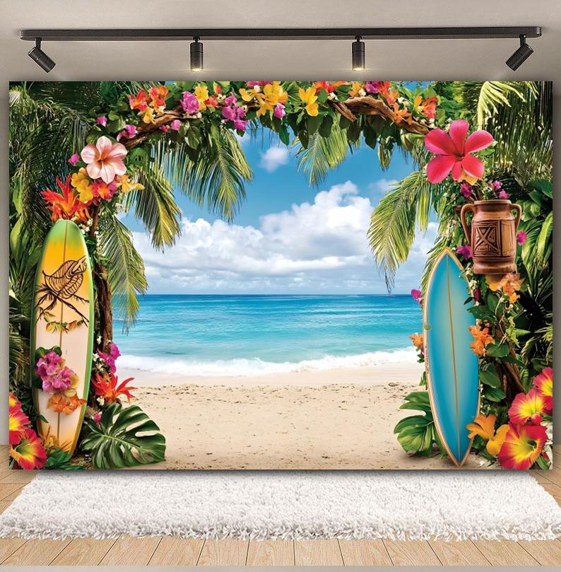 Summer Seaside Fruit Beach Palm Tree Theme Banner Background, Holiday Camping Party Decoration Photography Studio Backdrop Cloth
