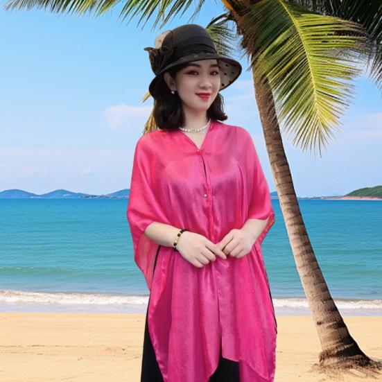 Summer Shawl V-Neck Buttons Placket Lightweight Sun Protection Versatile Beach Shawl Solid Color Vacation Sunscreen Shawl