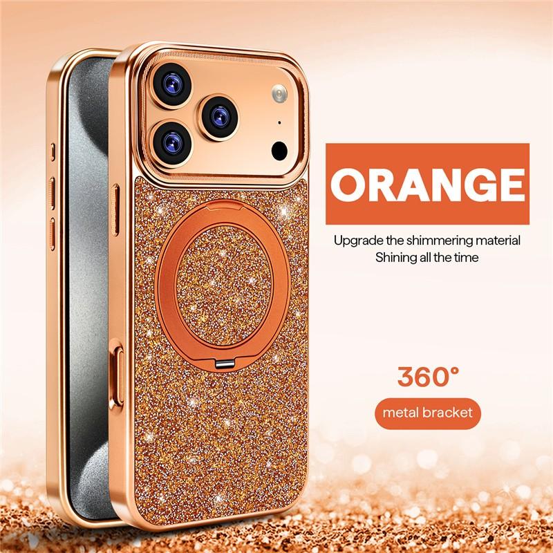 Magnetic Metal Bracket Shining Stand Case For iPhone 12 13 14 15 16 17 Pro Max Air Wireless Charging Luxury Metal Buttons Cover