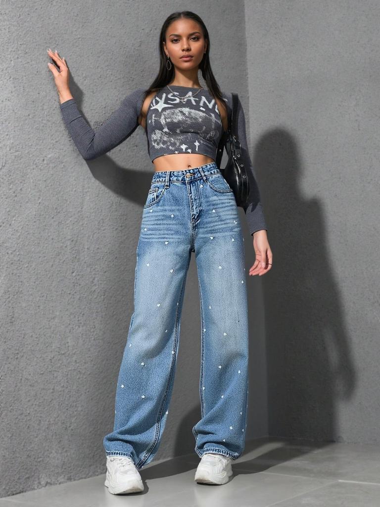 2026 Women's High Waist Heart Jacquard Denim Wide Leg Pants - Slimming, Versatile, and Stylish European & American Design