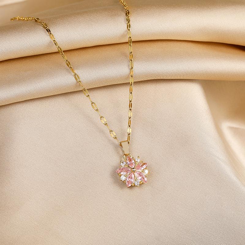 Sweet Zircon Crystal Cherry Blossom Pendant Necklace - Titanium Steel Clavicle Chain for Women