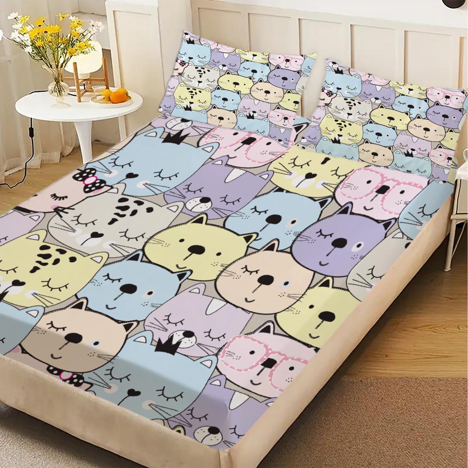 

3pcs Fitted Sheet Set Colorful Cats Pattern Print Design Durable Bed Sheet With Pillowcases For Bedroom Decor 99x190x25cm