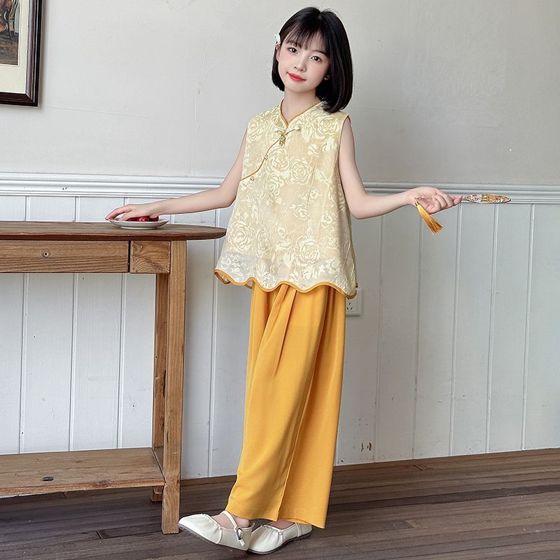 Girl's Mid Size Summer Suit Vest Embroidered Wide Leg Pants Fashion Set