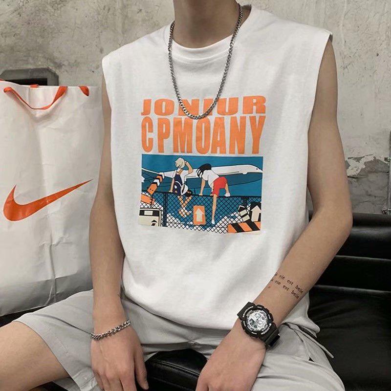 

Мужская свободная летняя футболка без рукавов в гонконгском стиле - модный спортивный жилет с круглым вырезом XL белый