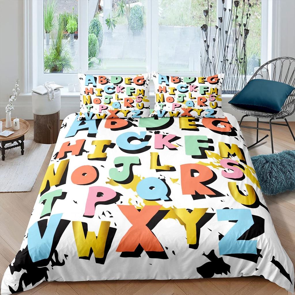 Kids Alphabet Duvet Cover Set Polyester Digital Pattern Bedding Twin Size Hand Painted Educational Quilt Cover