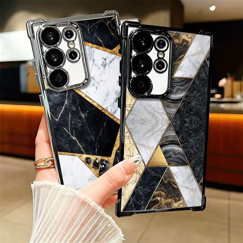 Geometric Marble Pattern Plating Phone Case For Samsung Galaxy S24 S25 FE S26 Edge S23 Ultra S22 S21 Plus S20 Anti-Fall Airabag
