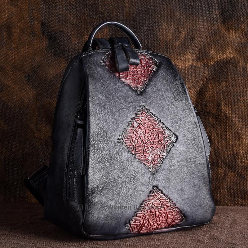 Luxury Fashion Genuine Leather Women Backpack Large Capacity Embossed Shoulder Bag Female First Layer Cowhide Retro