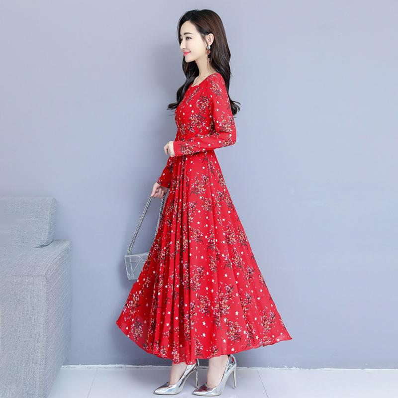 Rochie evazată florală elegantă Rochie de plajă cu mânecă lungă cu gât rotund Fustă A-Line imprimată