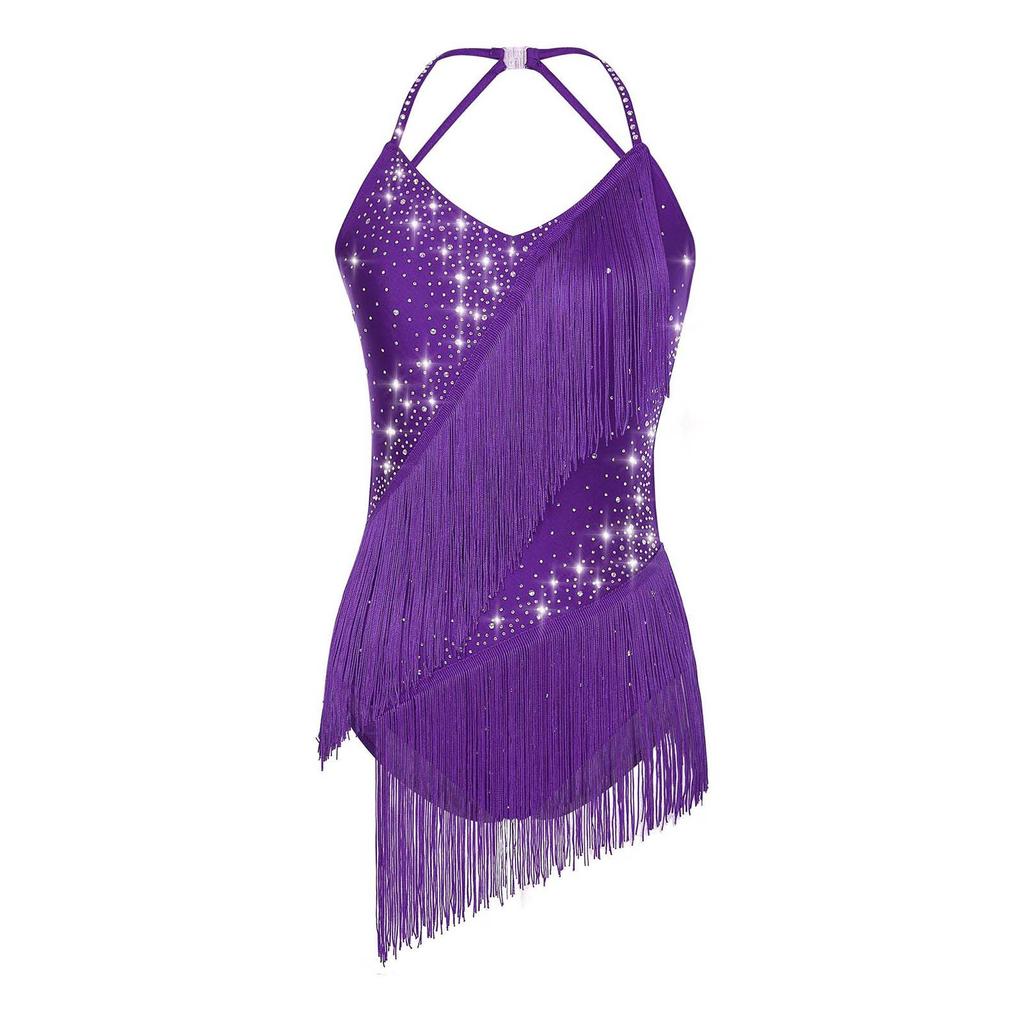 Womens Latin Dance Leotard Halter Neck Backless Design Rhinestone and Tassel Embellishments for Competitions and Shows