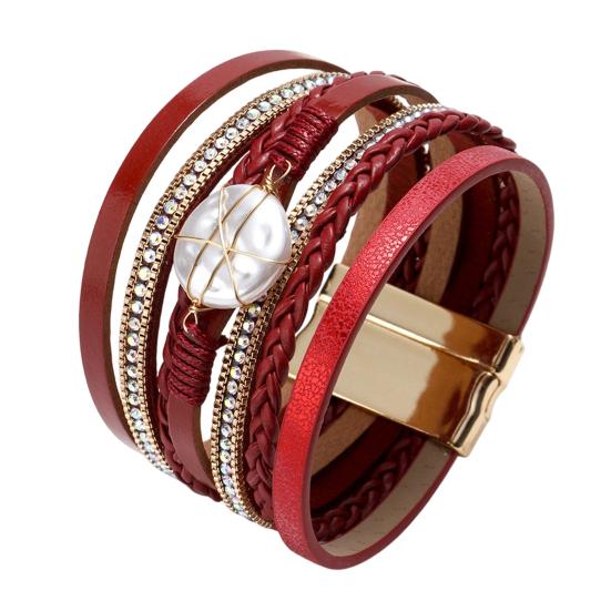 

Women Braided Bracelet Adjustable Design Imitation Pearl Rhinestones Decor Secure Closure Wristband Wrist Accessory красный
