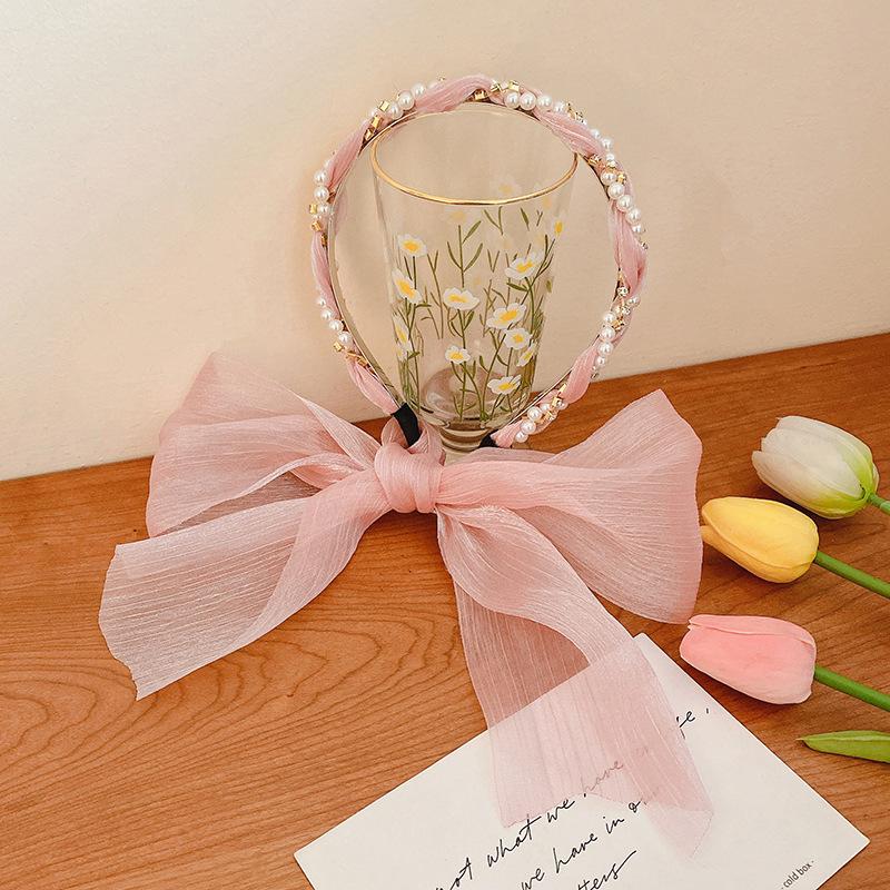 Fasce per Capelli alla Moda con Perle Fasce Lunghe Coreane con Nastro per Donne Cerchietto per Capelli Multifunzione con Fiocco Accessori per Capelli da Ragazza Dolce
