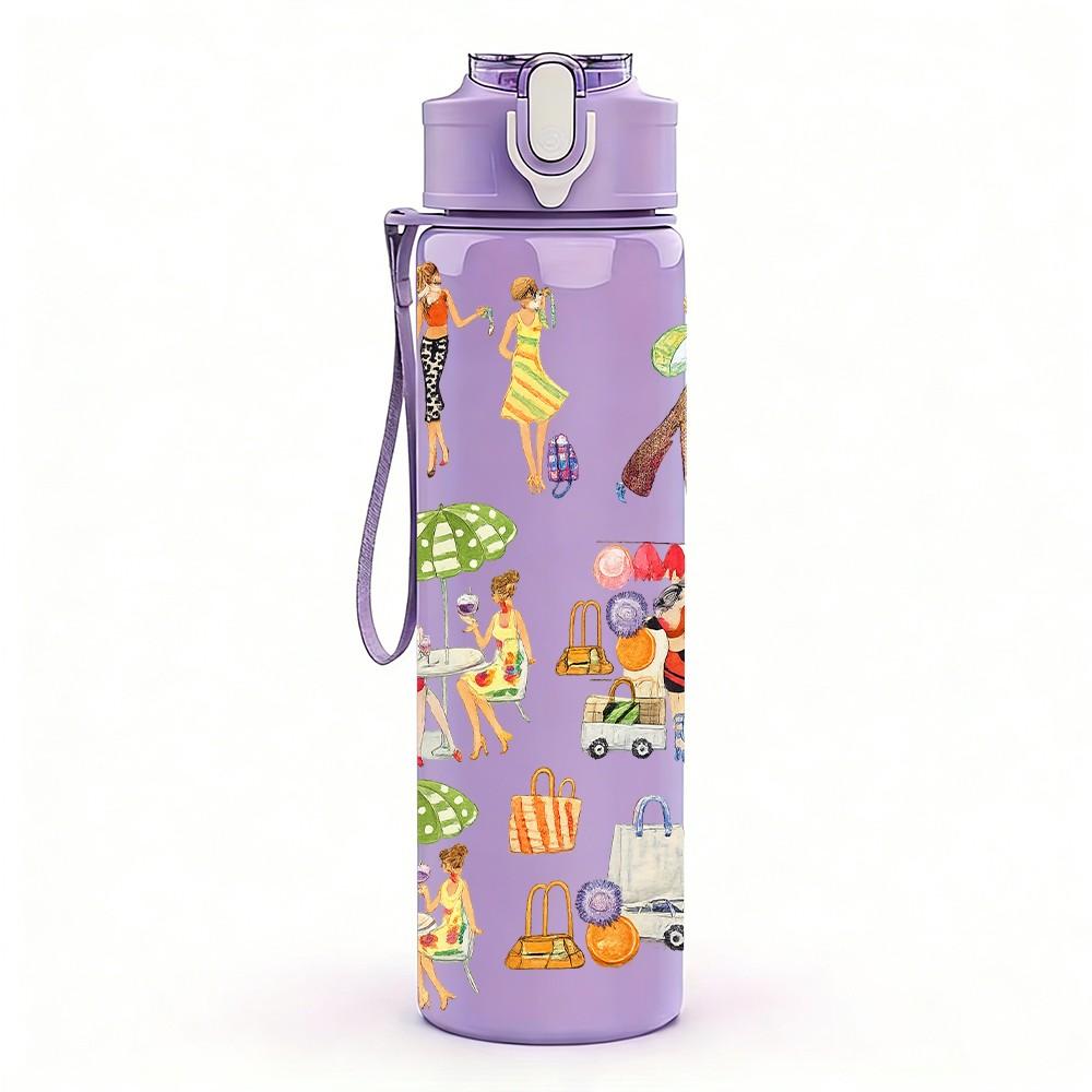 1PC Retro Folk Art Character Parade Print 750ml Color Plastic Sports Water Bottle Leakproof Flip Straw Lid Suitable for Sports Office Home Use