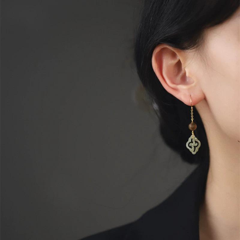Handmade Chinese-Style Hetian Jade & Agarwood Earrings with Ear Hooks - Versatile Design for Women