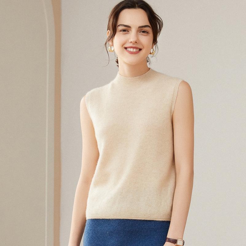 Le Kasha Women's 100% Cashmere Sleeveless Vest - Solid Color, Half-High Neck Base Layer (2026 New Style)