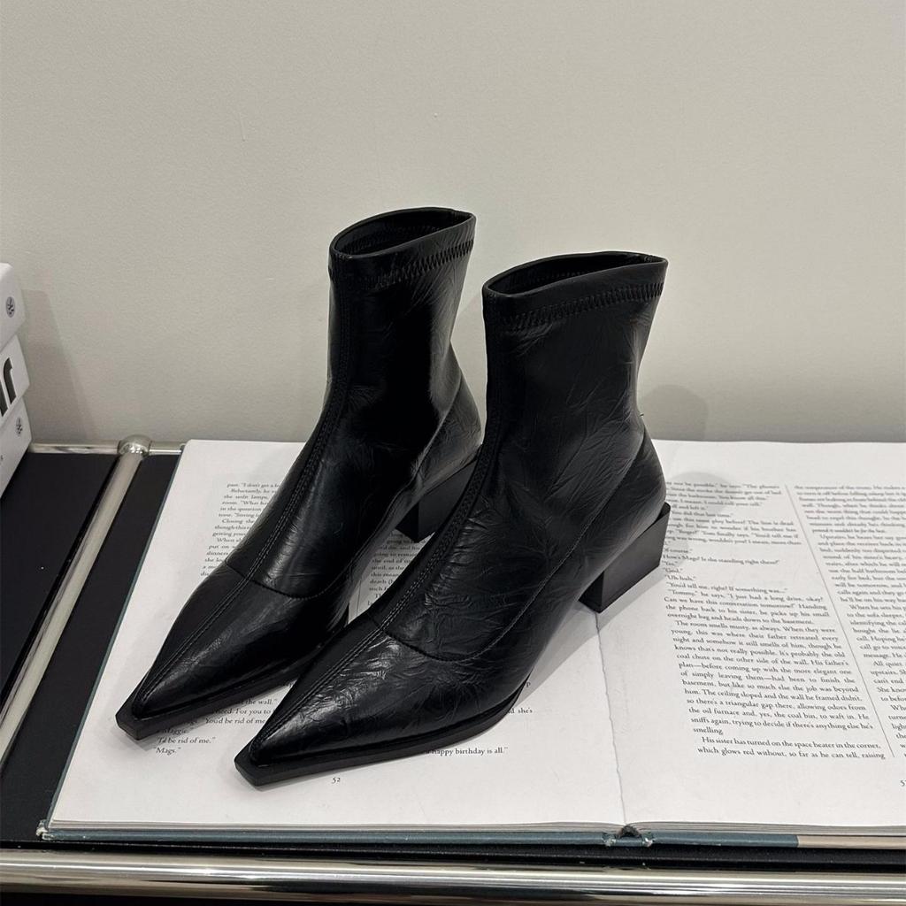 Thick Heel Pointed Head Thin Foreign Style Small Short Boots Women's Shoes 2025 New Silver French Temperament Spring and Autumn Single Boots