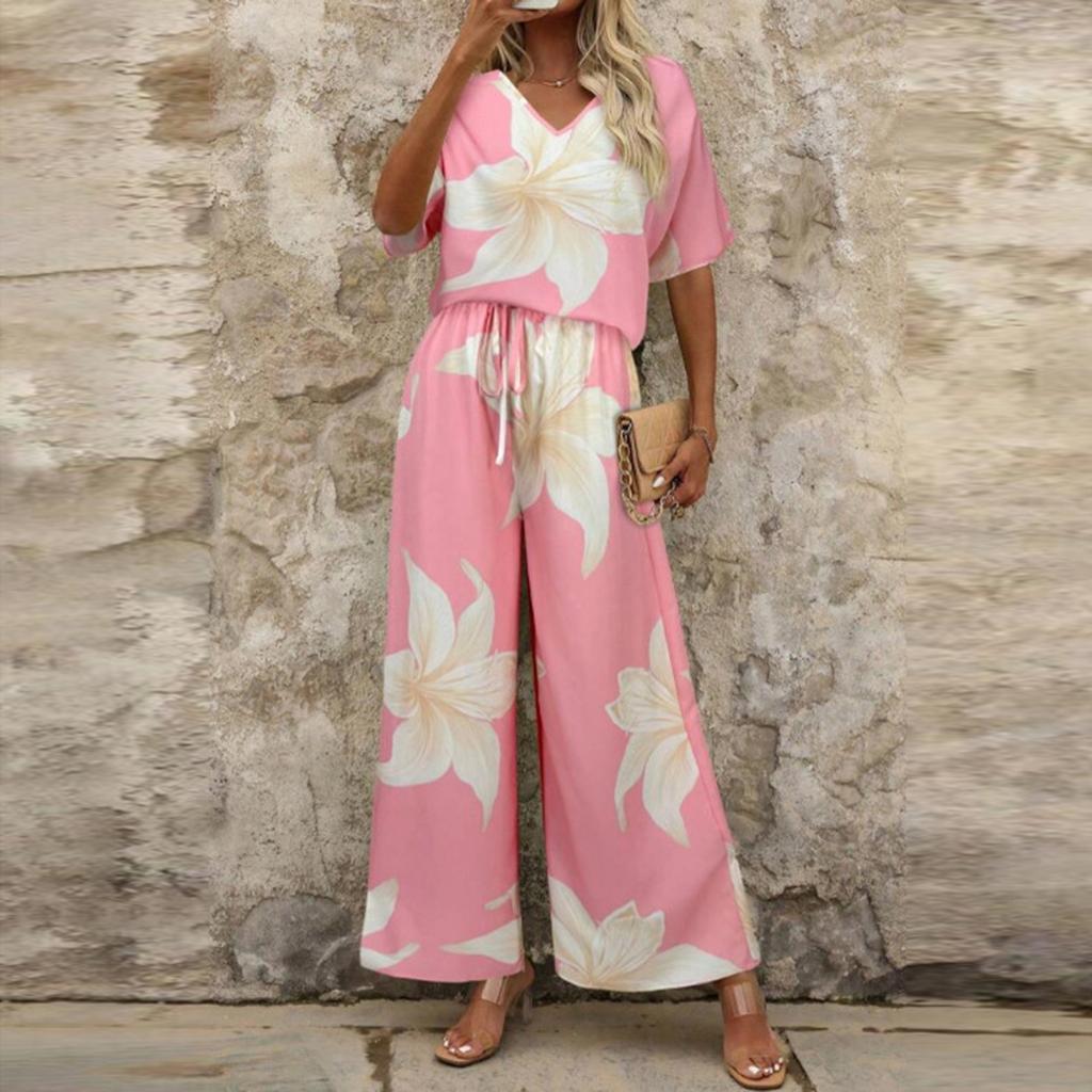 Damski Modny Casualowy Zestaw Top z Krótkim Rękawem i Dekoltem w Serek ze Wzorem w Kwiaty i Spodnie