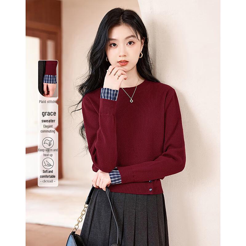 

Women s Plaid Patchwork Cuff Round Neck Sweater One Size