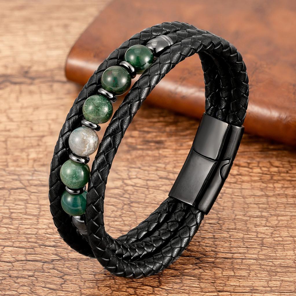 Trendy Multilayer Leather Bracelets For Men Women 9 Style Round Stone 8mm Beaded Jewelry Valentine Day Gifts