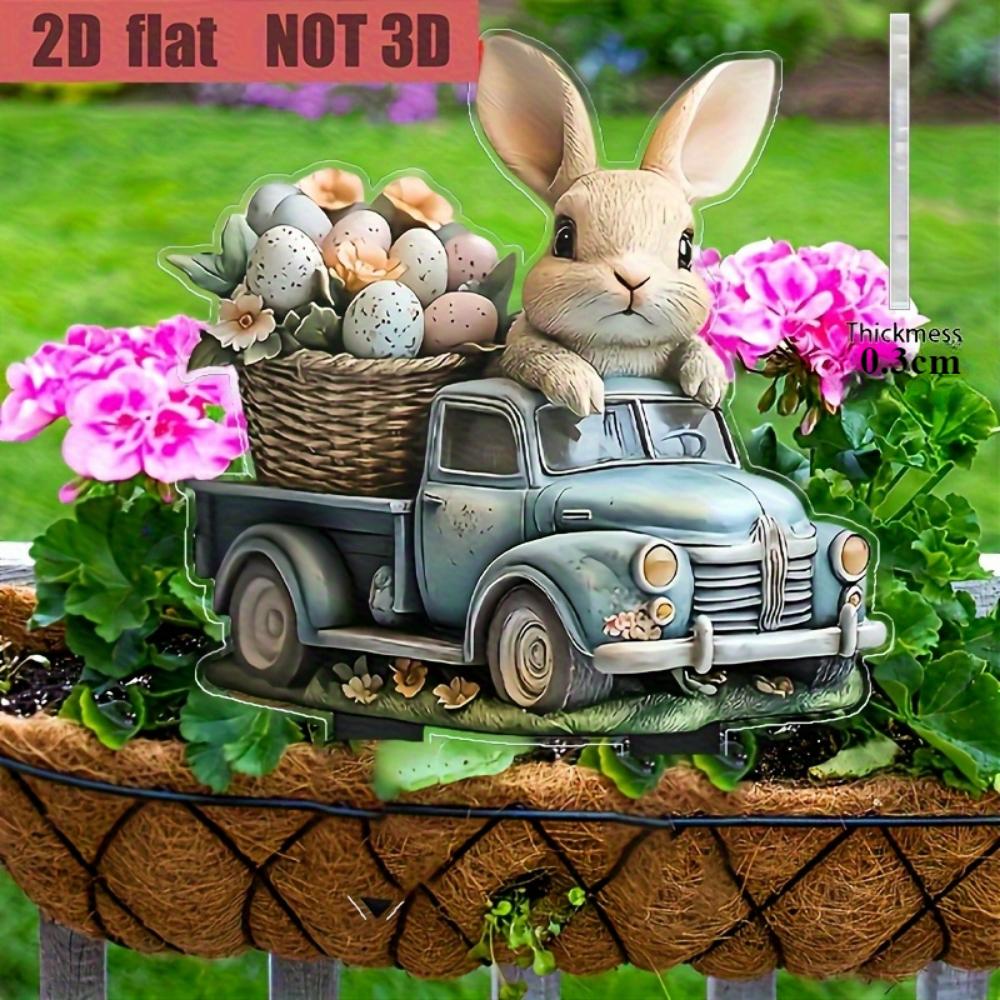 Charming bunnies and vintage trucks, 2D flat acrylic, decorative, suitable for gardens, lawns, potted plants, suitable for Christmas, Halloween