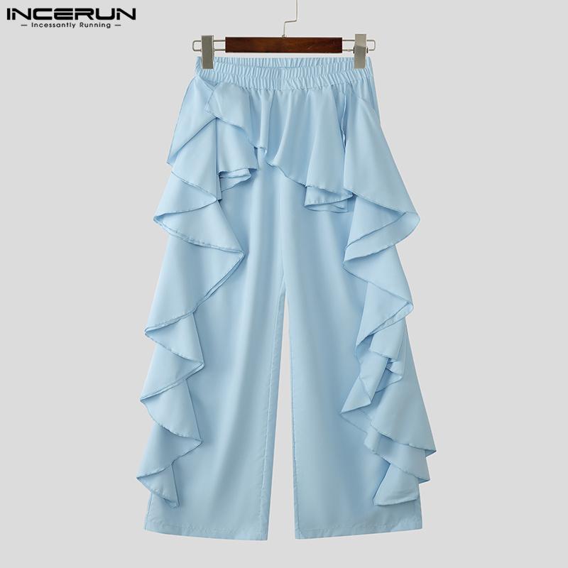INCERUN Herrenhose mit elastischer Taille, einfarbig, unregelmäßige Rüschen, lange Hose