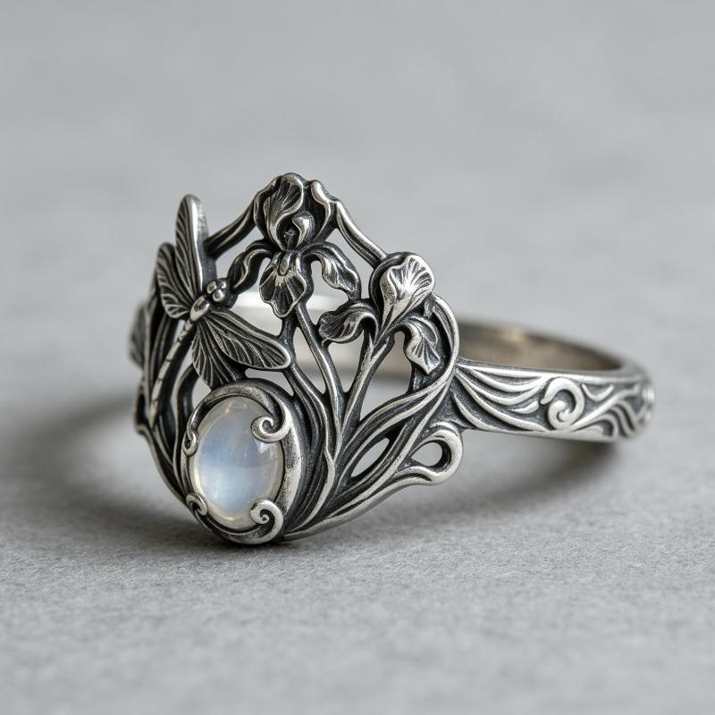 New Inlaid Opal Ring, Ancient Silver Dragonfly Shape, Retro Jewelry, Daily Accessories.