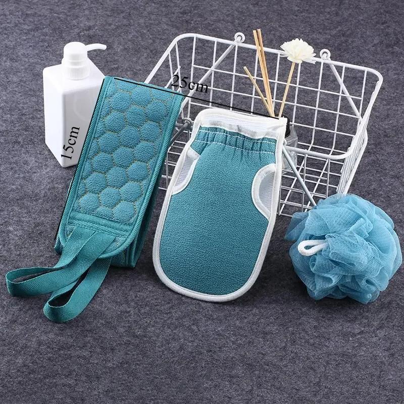 Bath Towel Gloves Bath Flower 3pcs/Set Thickened Stain Removal Combo Set Household Long Strip Back Rubbing Towel