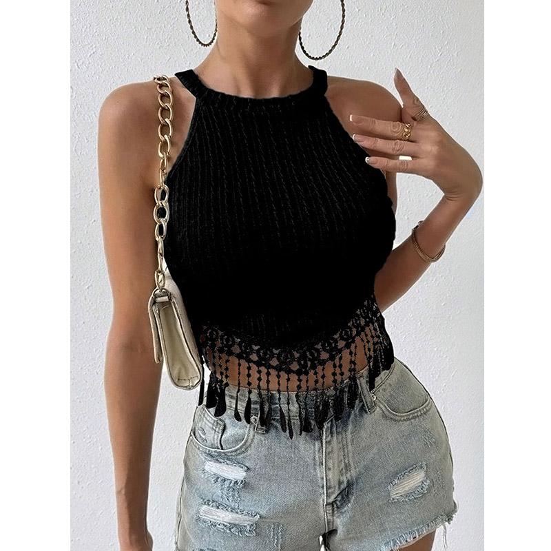Women's Spring and Summer New Elegant Tassel Vest Short Slim Fit Slim Navel Top