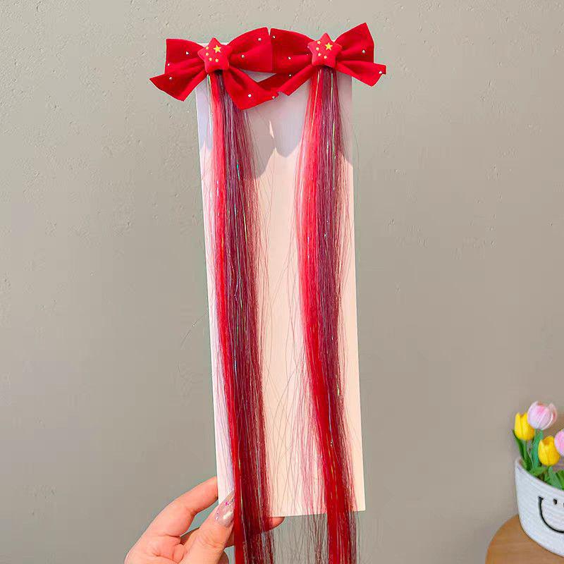 Girls' Day Out Festival Red Bow Wig Clip - Shiny Silk Braided Curly Hair Accessory