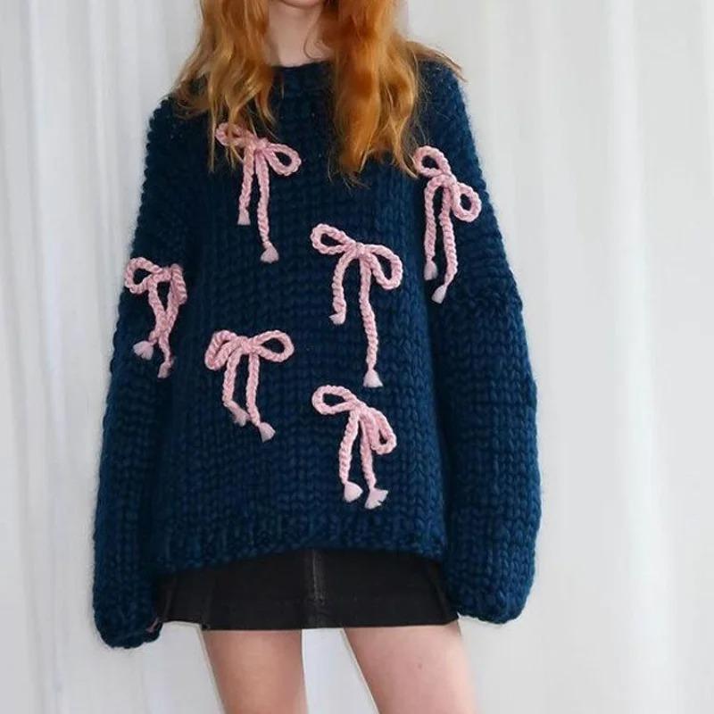 

Bow Design Women Long Sweater Female Loose Sweet Knitted Pullover Round Neck Long Sleeve Thicken Warm Autumn New Fashion