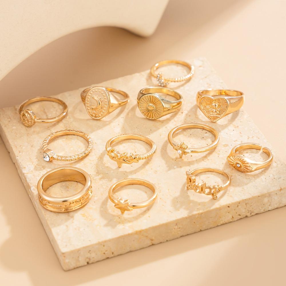 12pcs Set Retro Fashion Gold Color Inlay Zircon Moon Star Heart Letter Rings Set for Women Statement Stackable Jewelry Sets Gift
