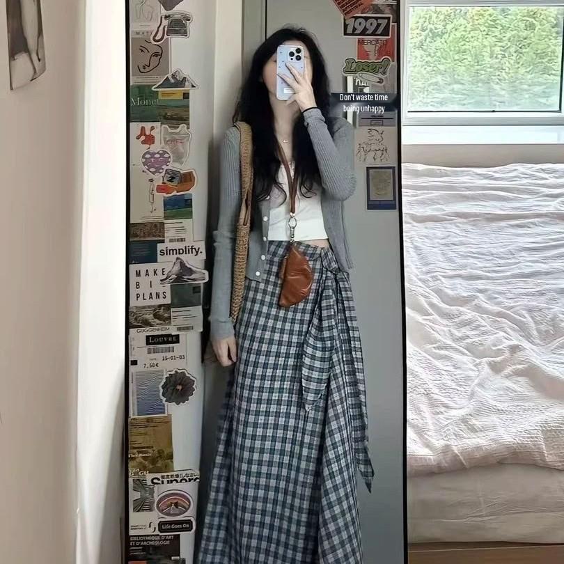 Korean Style Spring/Summer Set: Lace Camisole, Cardigan, and Plaid Skirt XXL