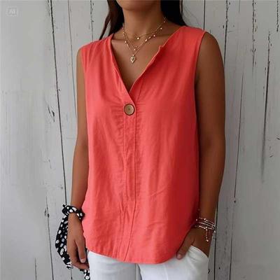 Sommer 2025 Lose Weste Shirt Damen V-Ausschnitt Baumwolle und Leinen Button Tops Frauen