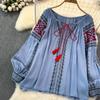 Retro Embroidered Shirt Top Female 2025 Spring Lace Up Tassel Loose Lantern Sleeves Ethnic Style Blouse Female