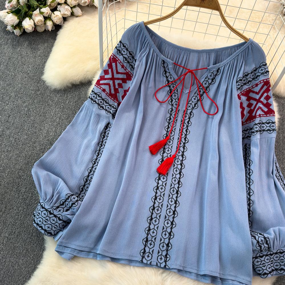 Retro Embroidered Shirt Top Female 2025 Spring Lace Up Tassel Loose Lantern Sleeves Ethnic Style Blouse Female